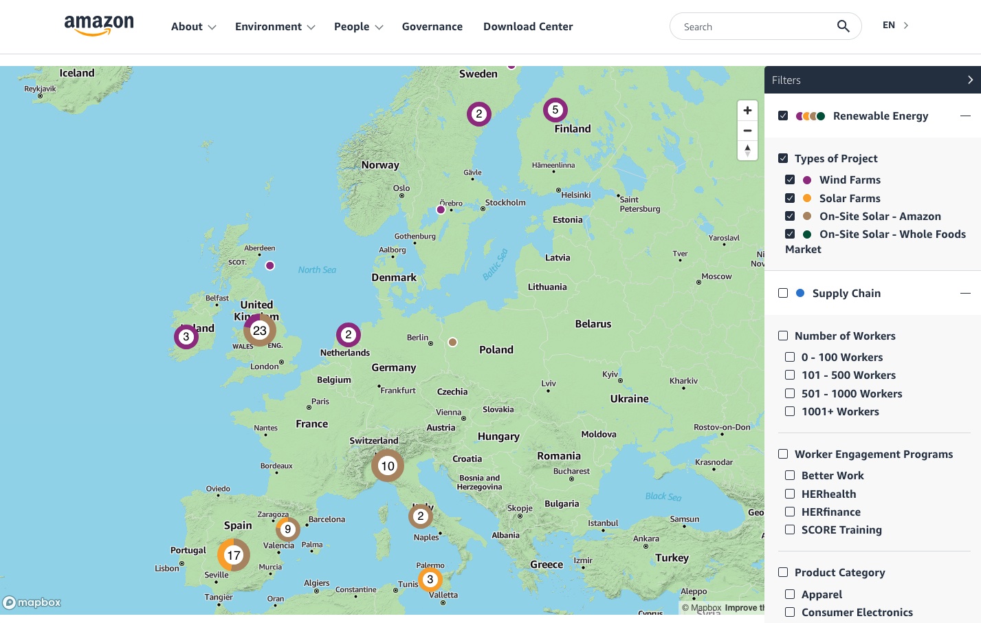 Amazon renewable energy projects map. Image source: https://sustainability.aboutamazon.com/about/around-the-globe?energyType=true