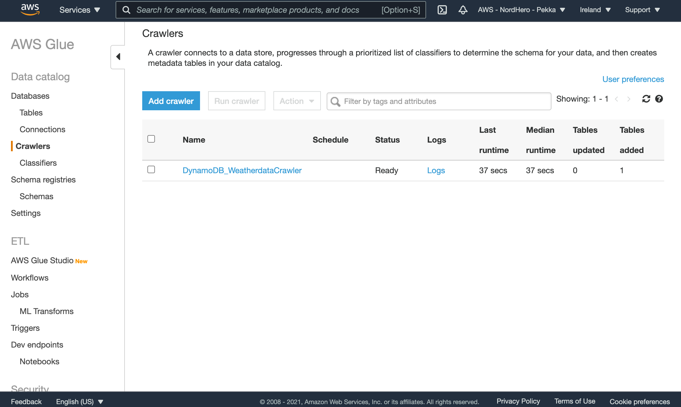 Glue crawler for DynamoDB