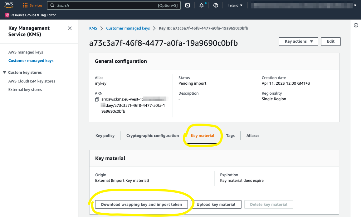 Download wrapping key and import token